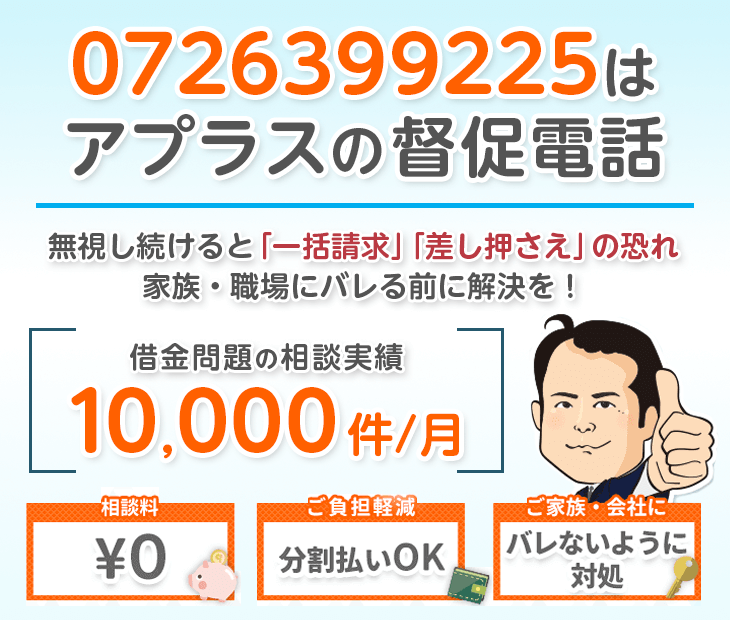 0726399225はアプラスからの督促電話！無視せず杉山事務所へ相談